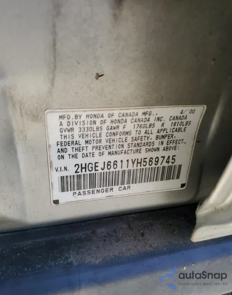 2000 Honda Civic Base from USA, damaged, VIN 2HGEJ6611YH569745